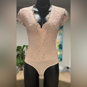 bebe Lace Bodysuit in Blush Pink, V-Neck, Size XS